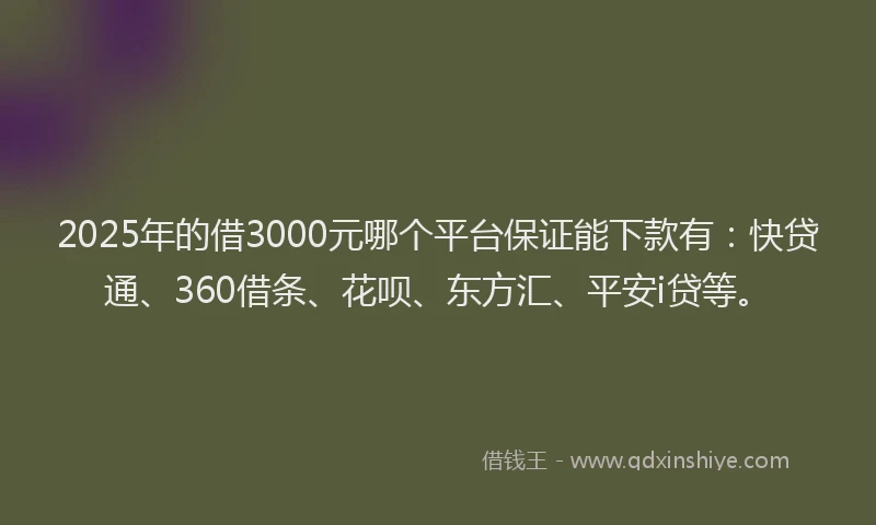 2025年的借3000元哪个平台保证能下款有：快贷通、360借条、花呗、东方汇、平安i贷等。