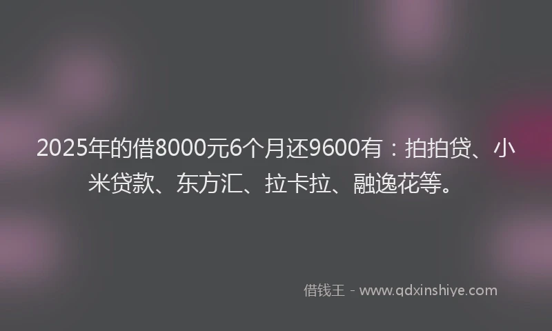2025年的借8000元6个月还9600有：拍拍贷、小米贷款、东方汇、拉卡拉、融逸花等。