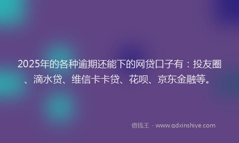 2025年的各种逾期还能下的网贷口子有：投友圈、滴水贷、维信卡卡贷、花呗、京东金融等。