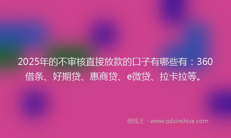 2025年的不审核直接放款的口子有哪些有：360借条、好期贷、惠商贷、e微贷、拉卡拉等。