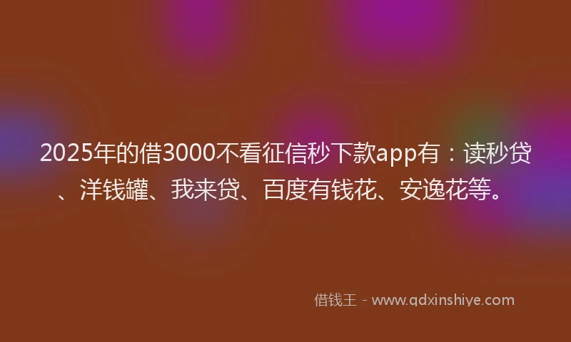 2025年的借3000不看征信秒下款app有：读秒贷、洋钱罐、我来贷、百度有钱花、安逸花等。