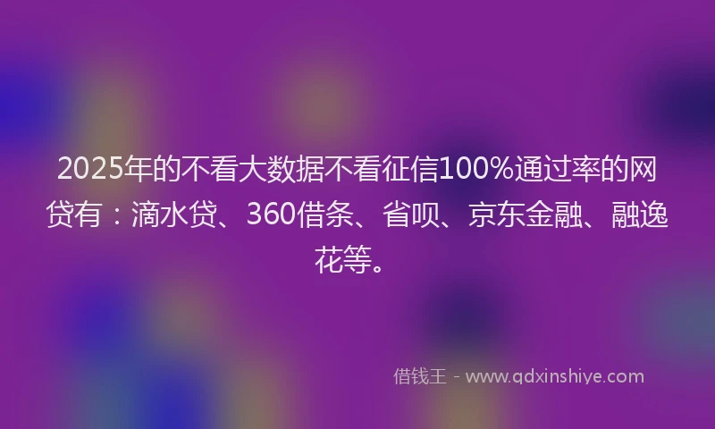 2025年的不看大数据不看征信100%通过率的网贷有：滴水贷、360借条、省呗、京东金融、融逸花等。