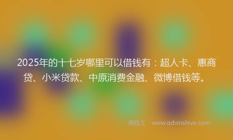 2025年的十七岁哪里可以借钱有：超人卡、惠商贷、小米贷款、中原消费金融、微博借钱等。