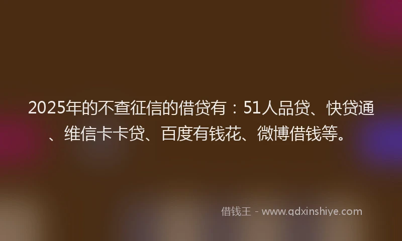 2025年的不查征信的借贷有：51人品贷、快贷通、维信卡卡贷、百度有钱花、微博借钱等。