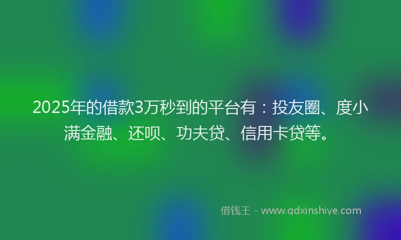 2025年的借款3万秒到的平台有：投友圈、度小满金融、还呗、功夫贷、信用卡贷等。
