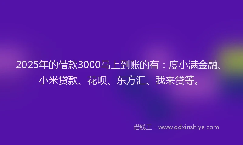 2025年的借款3000马上到账的有：度小满金融、小米贷款、花呗、东方汇、我来贷等。