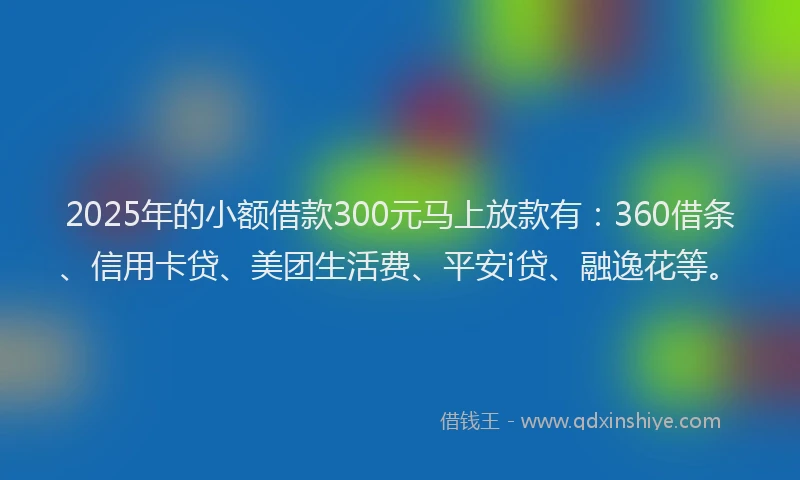 2025年的小额借款300元马上放款有：360借条、信用卡贷、美团生活费、平安i贷、融逸花等。