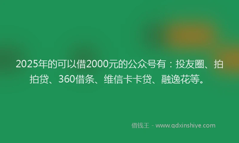 2025年的可以借2000元的公众号有：投友圈、拍拍贷、360借条、维信卡卡贷、融逸花等。