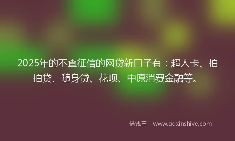2025年的不查征信的网贷新口子有：超人卡、拍拍贷、随身贷、花呗、中原消费金融等。