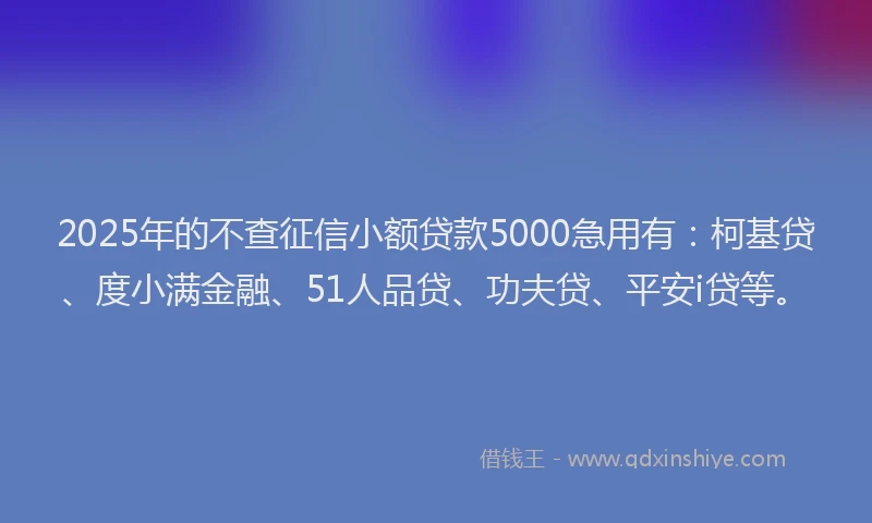 2025年的不查征信小额贷款5000急用有：柯基贷、度小满金融、51人品贷、功夫贷、平安i贷等。