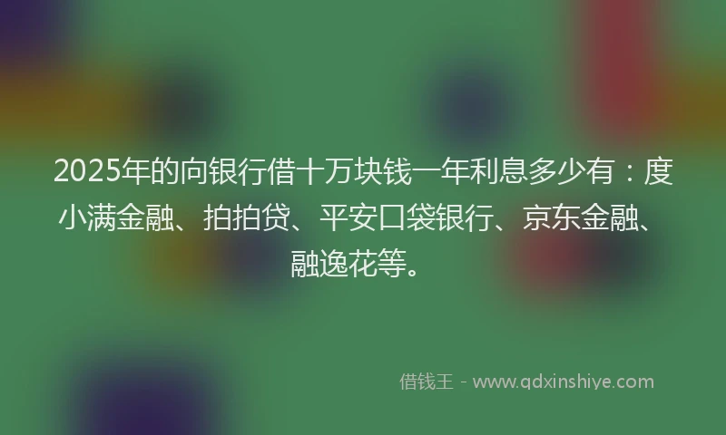 2025年的向银行借十万块钱一年利息多少有：度小满金融、拍拍贷、平安口袋银行、京东金融、融逸花等。