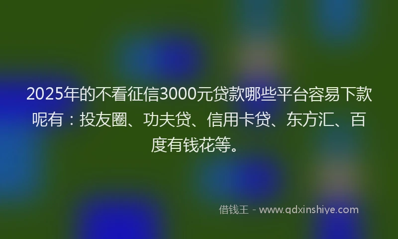 2025年的不看征信3000元贷款哪些平台容易下款呢有：投友圈、功夫贷、信用卡贷、东方汇、百度有钱花等。