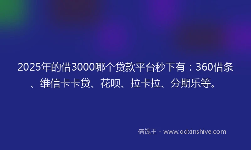 2025年的借3000哪个贷款平台秒下有：360借条、维信卡卡贷、花呗、拉卡拉、分期乐等。
