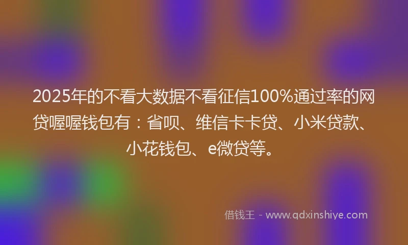 2025年的不看大数据不看征信100%通过率的网贷喔喔钱包有：省呗、维信卡卡贷、小米贷款、小花钱包、e微贷等。