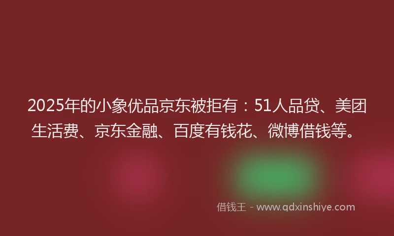 2025年的小象优品京东被拒有：51人品贷、美团生活费、京东金融、百度有钱花、微博借钱等。
