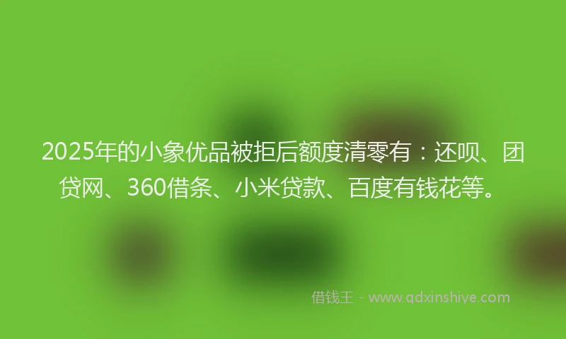2025年的小象优品被拒后额度清零有：还呗、团贷网、360借条、小米贷款、百度有钱花等。