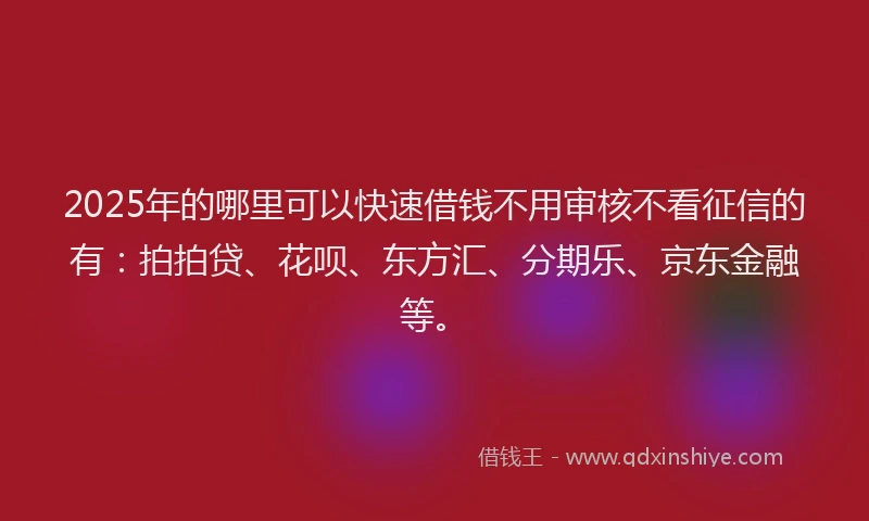 2025年的哪里可以快速借钱不用审核不看征信的有：拍拍贷、花呗、东方汇、分期乐、京东金融等。