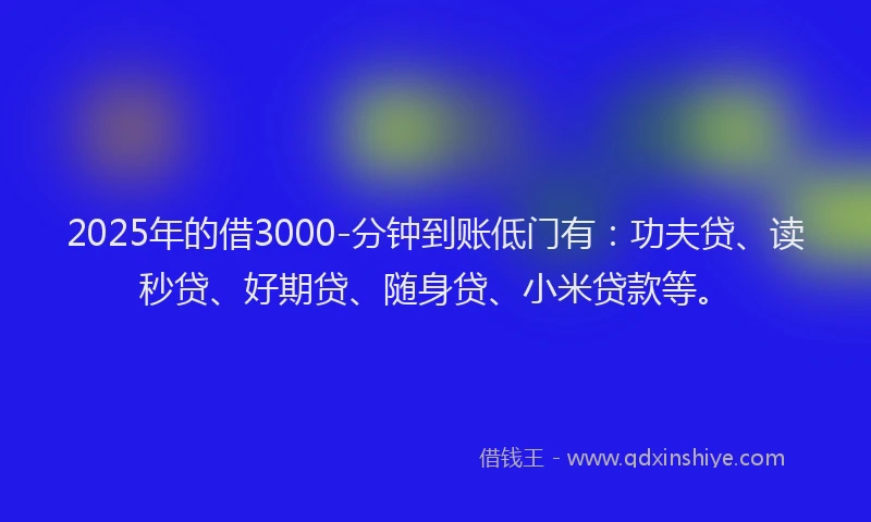 2025年的借3000-分钟到账低门有：功夫贷、读秒贷、好期贷、随身贷、小米贷款等。