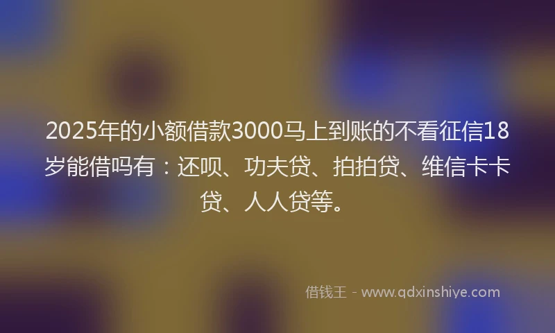 2025年的小额借款3000马上到账的不看征信18岁能借吗有：还呗、功夫贷、拍拍贷、维信卡卡贷、人人贷等。