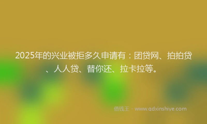 2025年的兴业被拒多久申请有：团贷网、拍拍贷、人人贷、替你还、拉卡拉等。