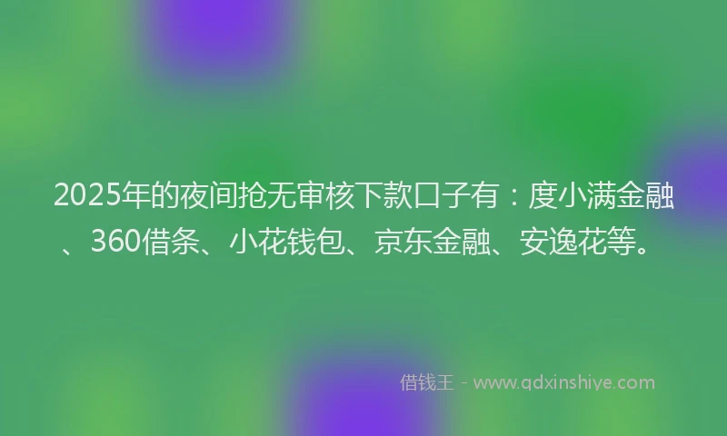 2025年的夜间抢无审核下款口子有：度小满金融、360借条、小花钱包、京东金融、安逸花等。