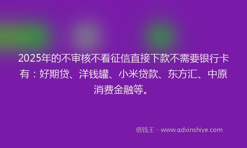 2025年的不审核不看征信直接下款不需要银行卡有：好期贷、洋钱罐、小米贷款、东方汇、中原消费金融等。