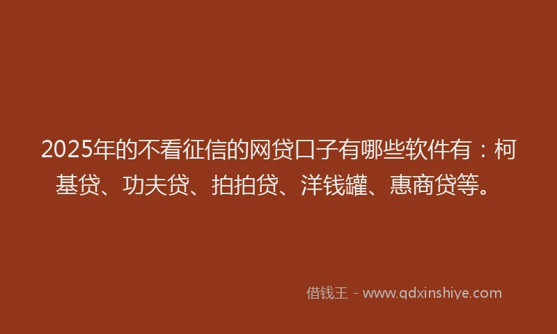 2025年的不看征信的网贷口子有哪些软件有：柯基贷、功夫贷、拍拍贷、洋钱罐、惠商贷等。