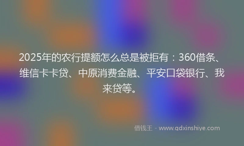2025年的农行提额怎么总是被拒有：360借条、维信卡卡贷、中原消费金融、平安口袋银行、我来贷等。