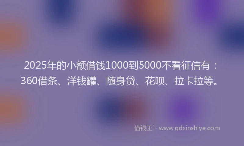 2025年的小额借钱1000到5000不看征信有：360借条、洋钱罐、随身贷、花呗、拉卡拉等。