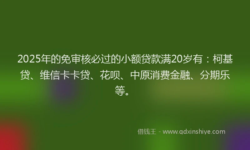 2025年的免审核必过的小额贷款满20岁有：柯基贷、维信卡卡贷、花呗、中原消费金融、分期乐等。