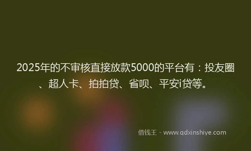 2025年的不审核直接放款5000的平台有：投友圈、超人卡、拍拍贷、省呗、平安i贷等。