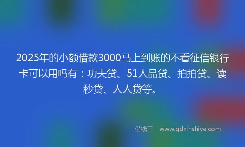 2025年的小额借款3000马上到账的不看征信银行卡可以用吗有：功夫贷、51人品贷、拍拍贷、读秒贷、人人贷等。