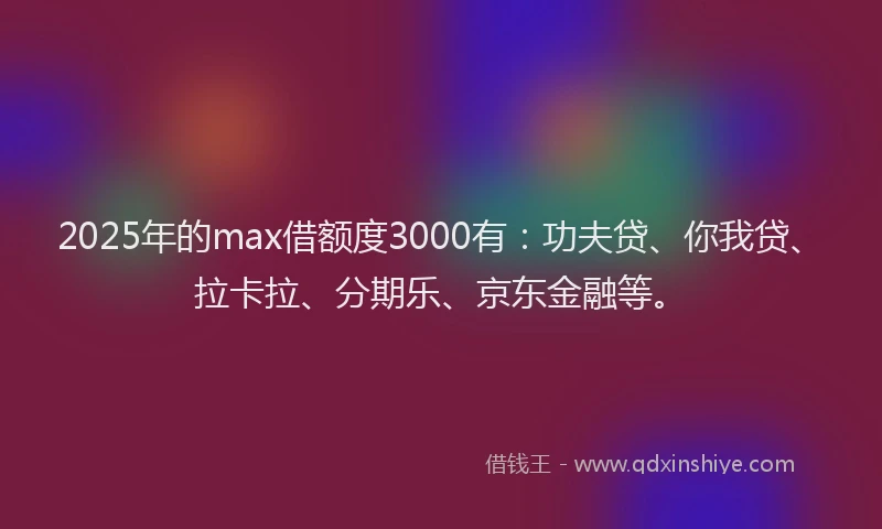 2025年的max借额度3000有：功夫贷、你我贷、拉卡拉、分期乐、京东金融等。
