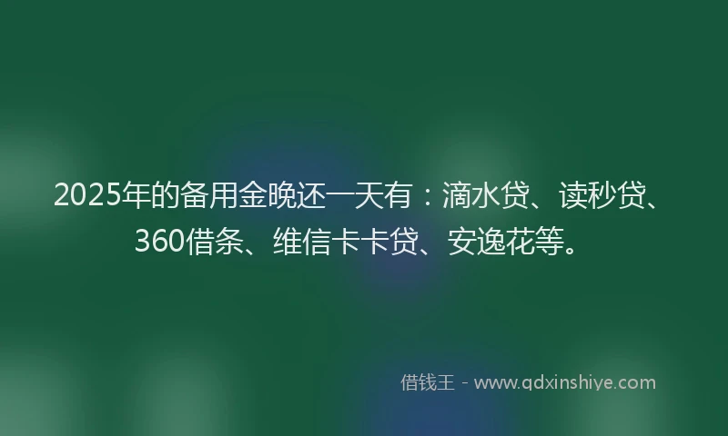2025年的备用金晚还一天有：滴水贷、读秒贷、360借条、维信卡卡贷、安逸花等。