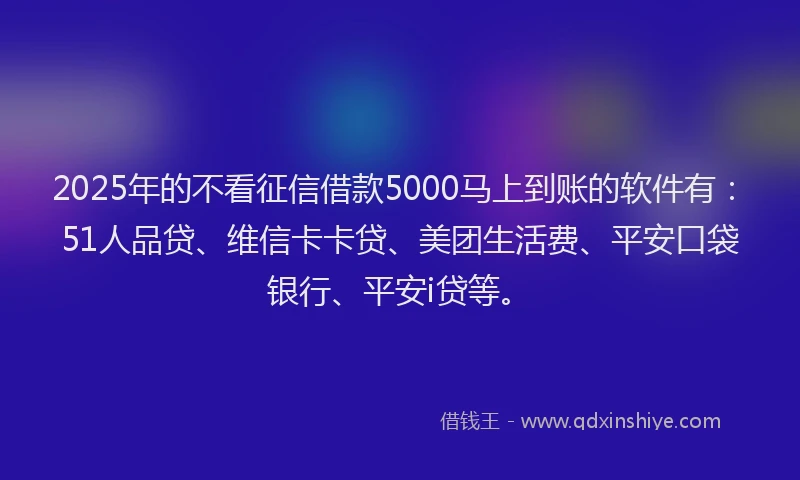 2025年的不看征信借款5000马上到账的软件有：51人品贷、维信卡卡贷、美团生活费、平安口袋银行、平安i贷等。