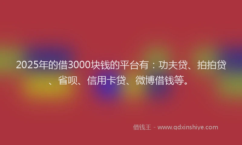 2025年的借3000块钱的平台有：功夫贷、拍拍贷、省呗、信用卡贷、微博借钱等。