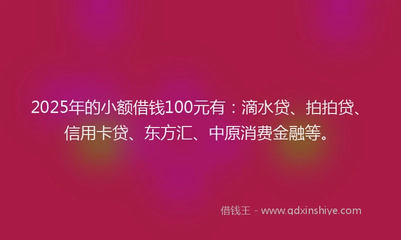 2025年的小额借钱100元有：滴水贷、拍拍贷、信用卡贷、东方汇、中原消费金融等。