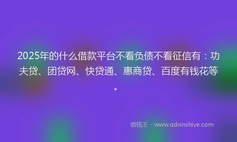 2025年的什么借款平台不看负债不看征信有：功夫贷、团贷网、快贷通、惠商贷、百度有钱花等。