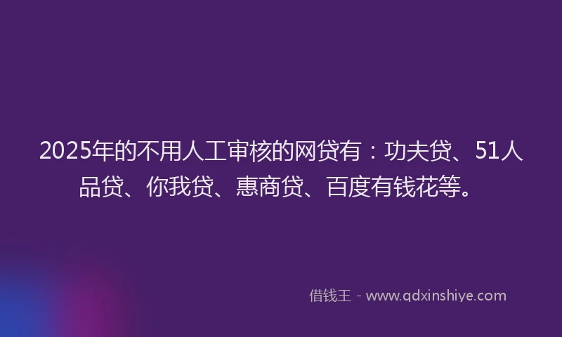 2025年的不用人工审核的网贷有：功夫贷、51人品贷、你我贷、惠商贷、百度有钱花等。