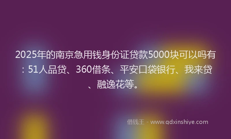 2025年的南京急用钱身份证贷款5000块可以吗有：51人品贷、360借条、平安口袋银行、我来贷、融逸花等。