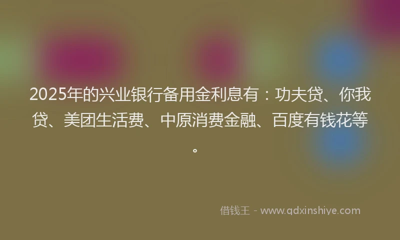 2025年的兴业银行备用金利息有：功夫贷、你我贷、美团生活费、中原消费金融、百度有钱花等。