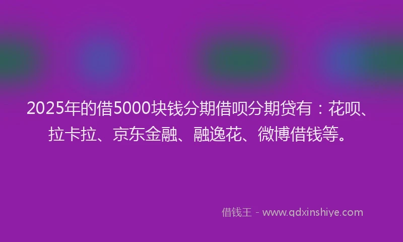 2025年的借5000块钱分期借呗分期贷有：花呗、拉卡拉、京东金融、融逸花、微博借钱等。
