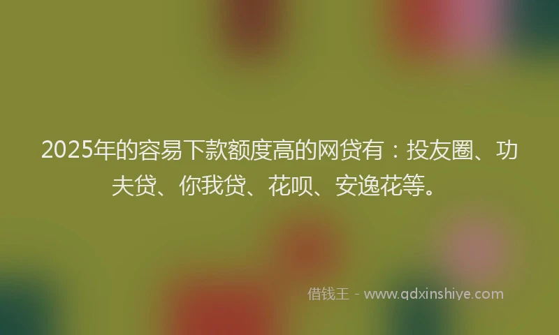 2025年的容易下款额度高的网贷有：投友圈、功夫贷、你我贷、花呗、安逸花等。