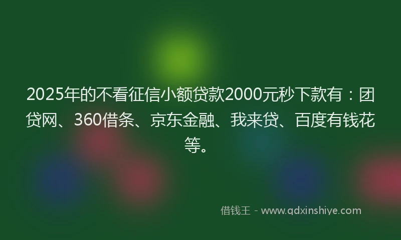 2025年的不看征信小额贷款2000元秒下款有：团贷网、360借条、京东金融、我来贷、百度有钱花等。