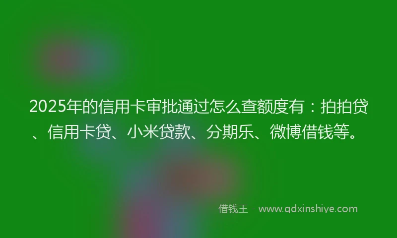 2025年的信用卡审批通过怎么查额度有：拍拍贷、信用卡贷、小米贷款、分期乐、微博借钱等。