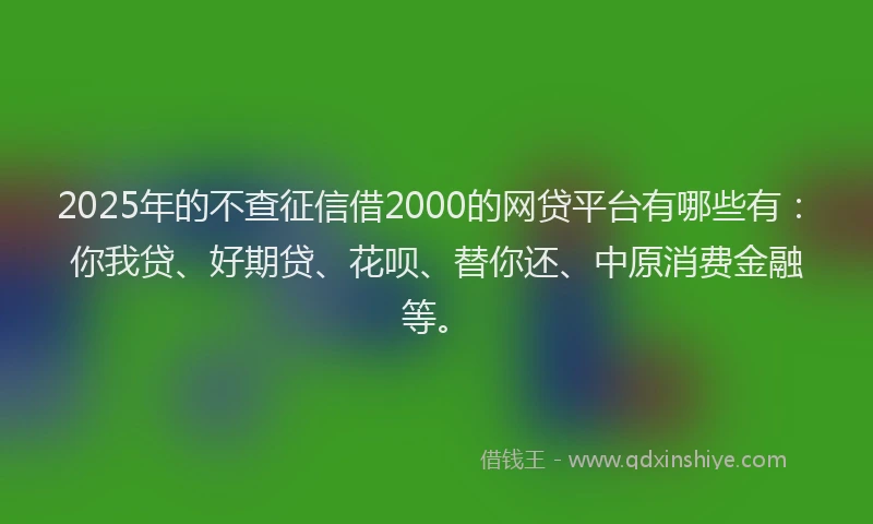2025年的不查征信借2000的网贷平台有哪些有：你我贷、好期贷、花呗、替你还、中原消费金融等。
