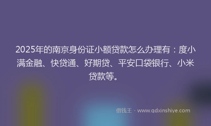 2025年的南京身份证小额贷款怎么办理有：度小满金融、快贷通、好期贷、平安口袋银行、小米贷款等。