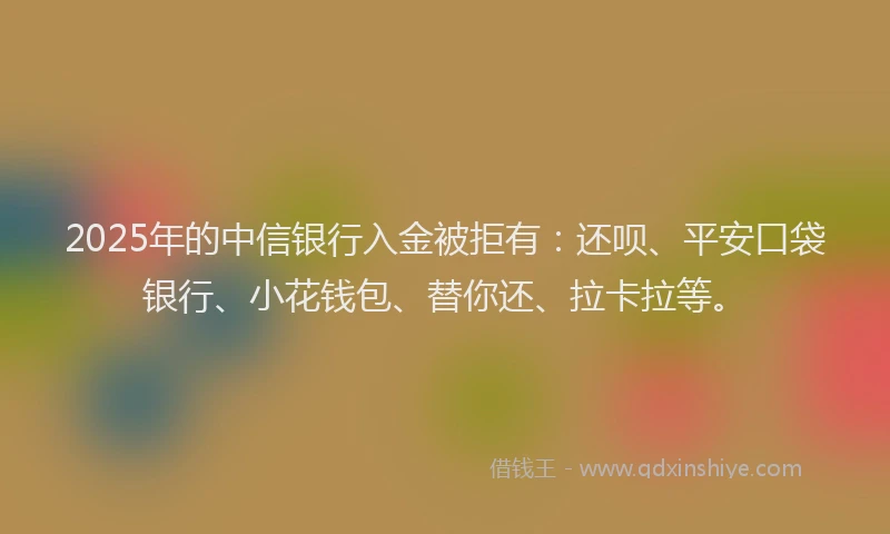 2025年的中信银行入金被拒有：还呗、平安口袋银行、小花钱包、替你还、拉卡拉等。