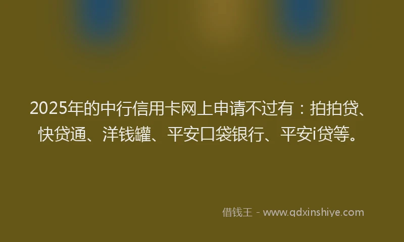 2025年的中行信用卡网上申请不过有：拍拍贷、快贷通、洋钱罐、平安口袋银行、平安i贷等。