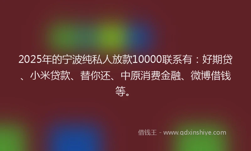 2025年的宁波纯私人放款10000联系有：好期贷、小米贷款、替你还、中原消费金融、微博借钱等。